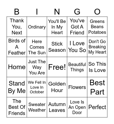 Falling in Love Bingo Card