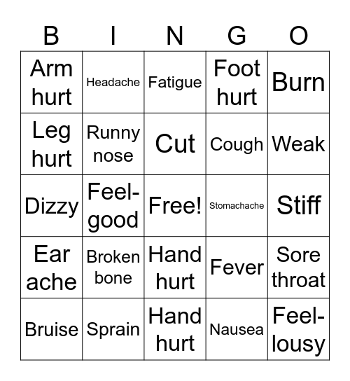 Ailments Bingo Card