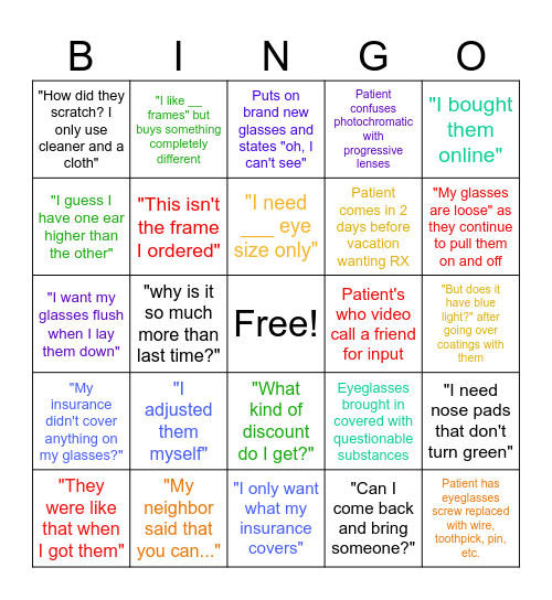 OPTICIAN BINGO Card