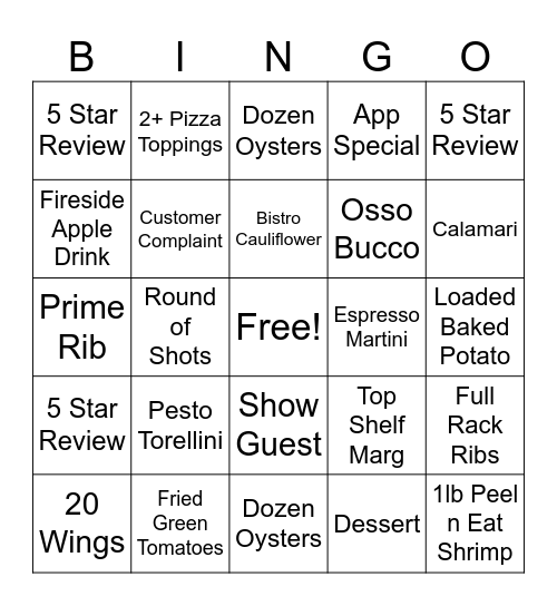 Bistro Bingo Card