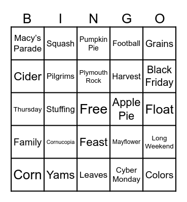 Thanksgiving Words Bingo Card
