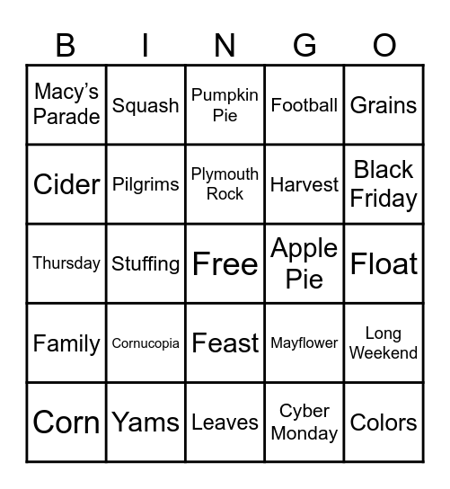 Thanksgiving Words Bingo Card