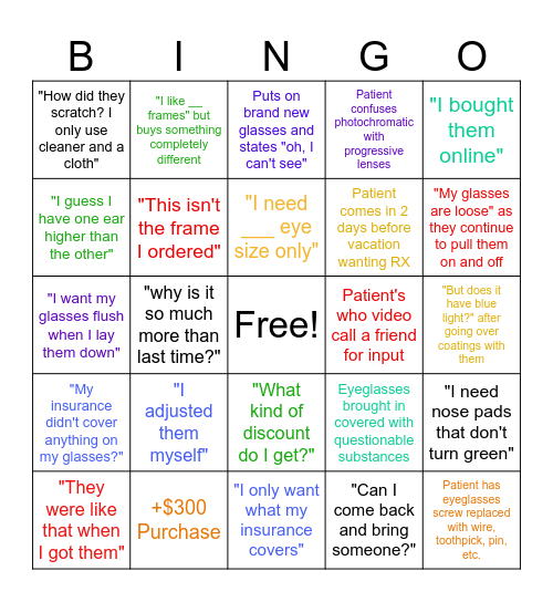 OPTICIAN BINGO Card