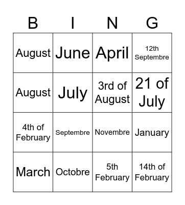 months Bingo Card