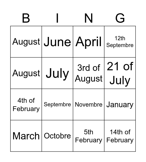 months Bingo Card