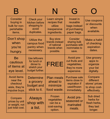 Grocery Bingo Card