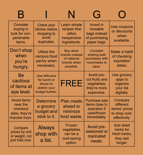 Grocery Bingo Card