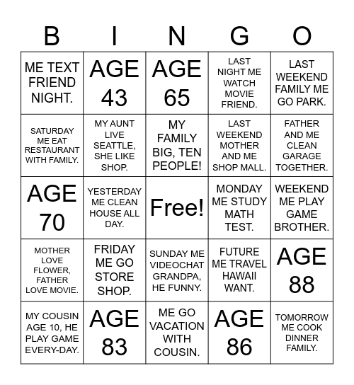 Family & Activities BINGO Sentences Bingo Card