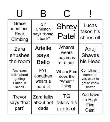 UBC Anuj Bingo Card