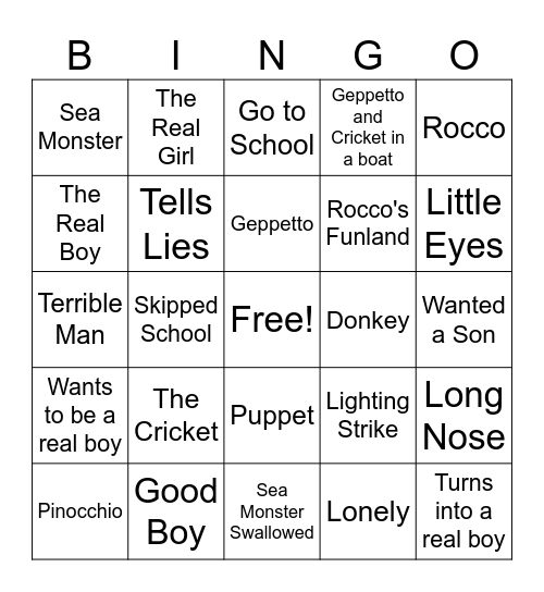 Pinocchio Bingo Card