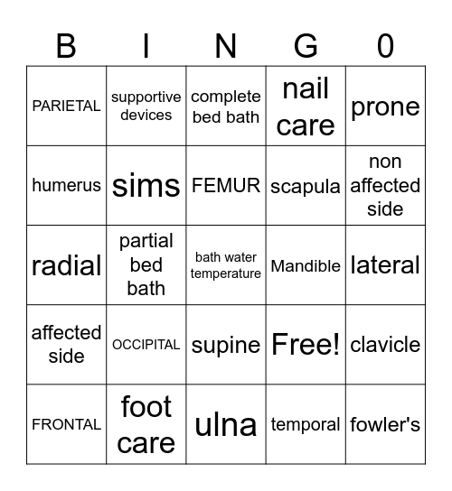 Standards 6 personal care BINGO Card