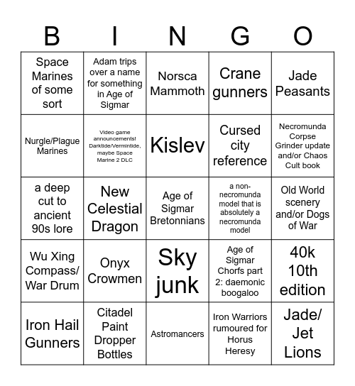 Warhammer Preview Bingo Card
