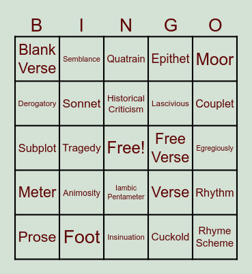 Unit 3 Vocab Bingo Card