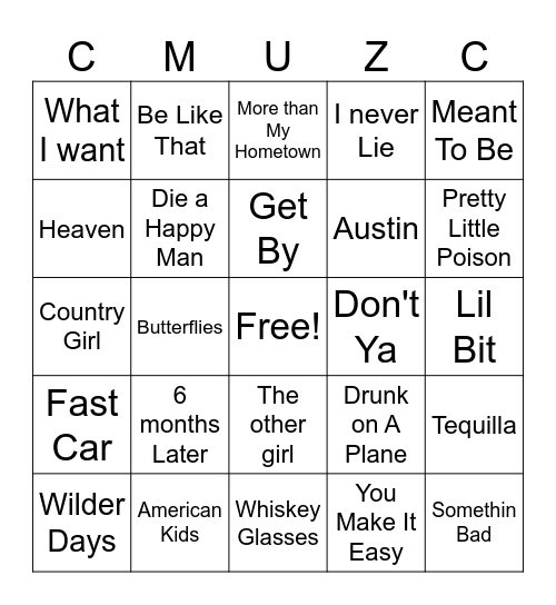Country Music Bingo Card