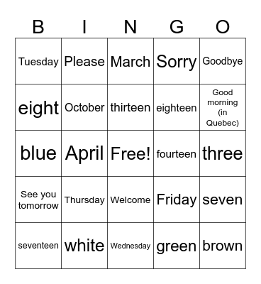 French Bingo Card