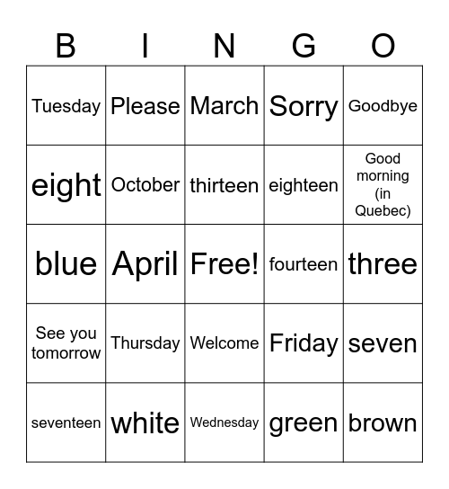 French Bingo Card