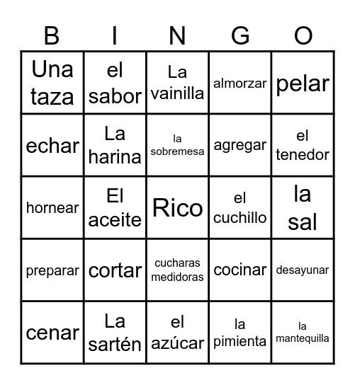 Recetas Unidad 2 Bingo Card