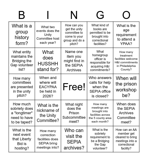 SEPIA/Liberty Bid Service Bingo Card