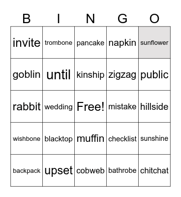 Nash spelling VCCV and compound 11/11 Bingo Card