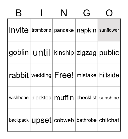 Nash spelling VCCV and compound 11/11 Bingo Card