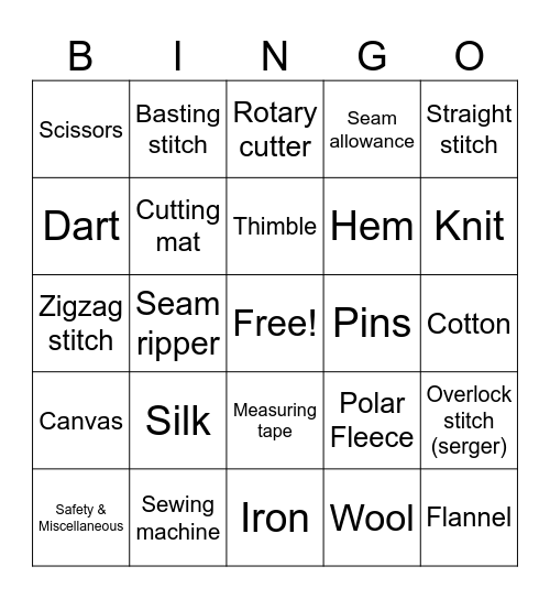 Sewing Review Bingo Card
