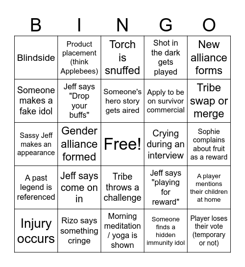 Survivor Bingo Card