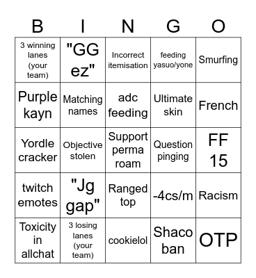 League of legends bingo Card