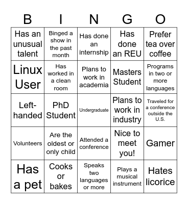 Meet and Greet Bingo Card Bingo Card