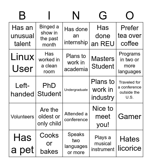 Meet and Greet Bingo Card Bingo Card