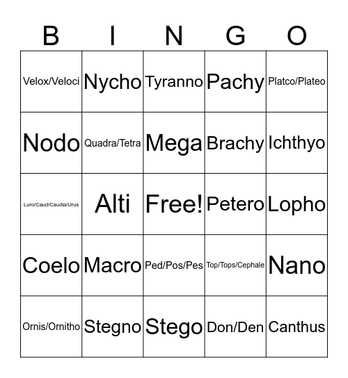 Dinosaur Names  Bingo Card