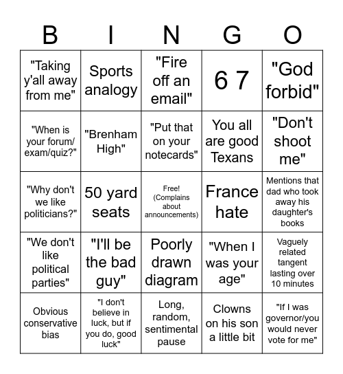 Lehmann Lecture Bingo Card