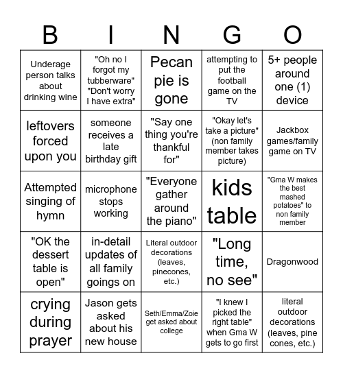 Family Thanksgiving Happenings Bingo Card