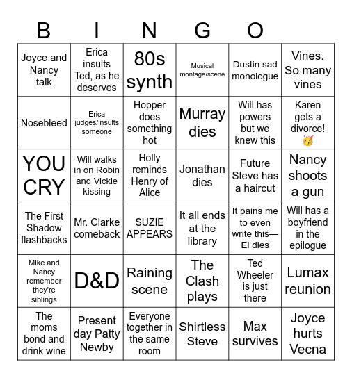 Stranger Things final season Bingo Card