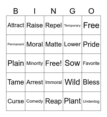 Word list Bingo Card