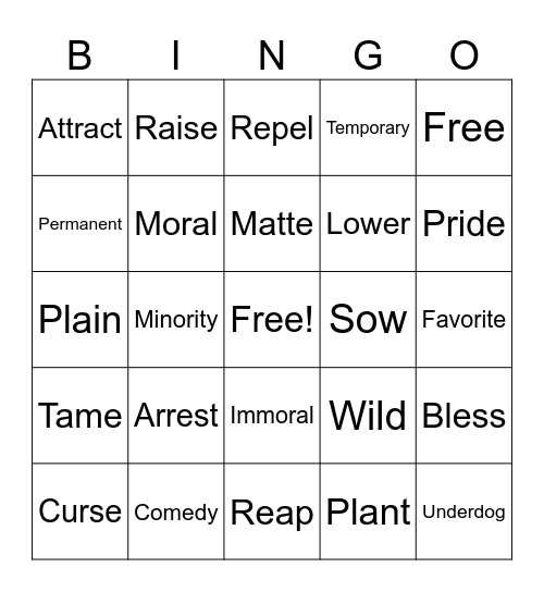 Word list Bingo Card