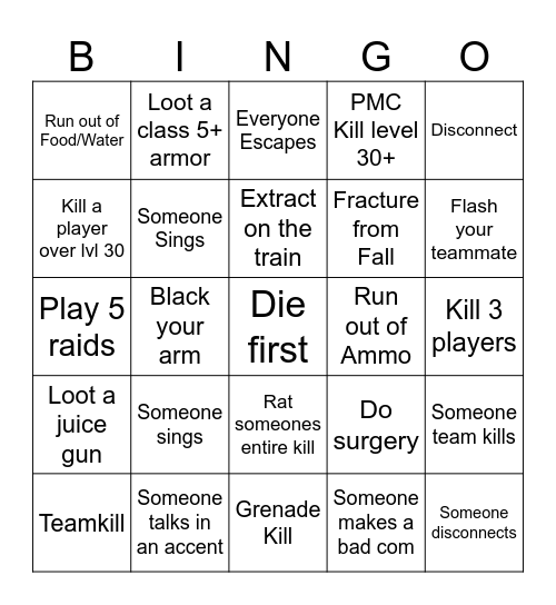 Tarkov w/ boys Bingo Card