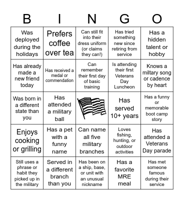 Veteran's Day Social Bingo Card