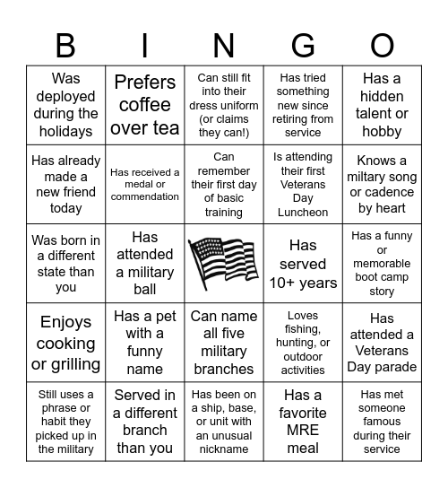 Veteran's Day Social Bingo Card