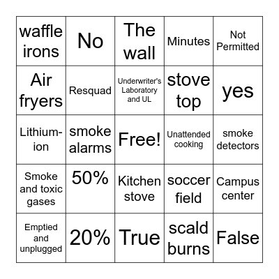 Fire and Cooking Safety Bingo Card