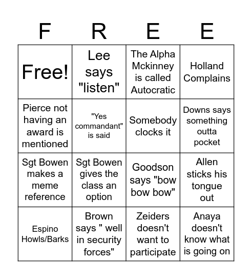 FREDDOM FLIGHT Bingo Card