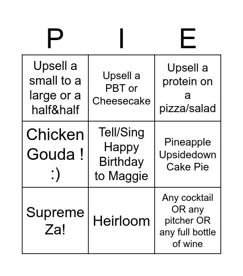 PIES Bingo Card