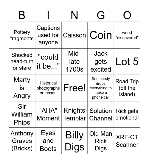 Oak Island Bingo Card