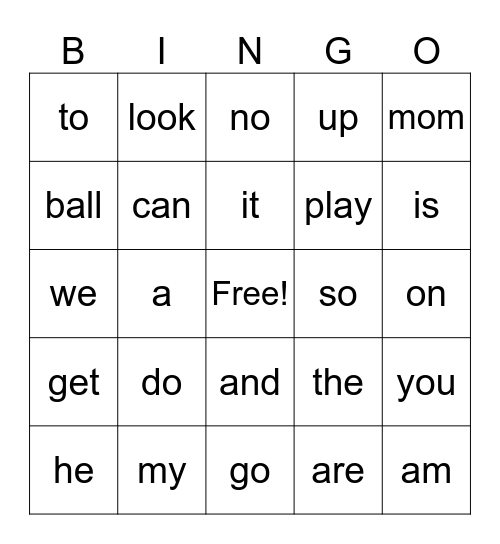 Sight Words Bingo Card