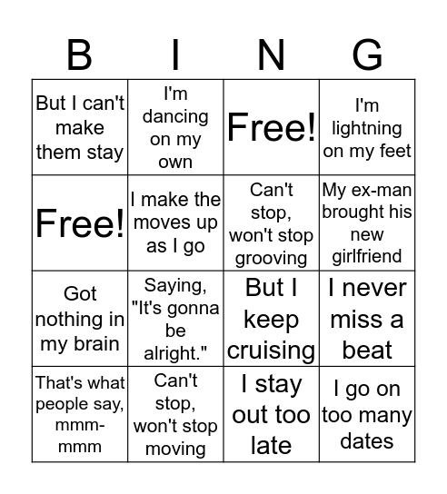 Shake It Off Bingo Card