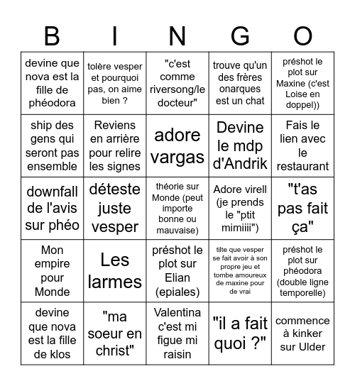 React les songes d'Epiales Bingo Card