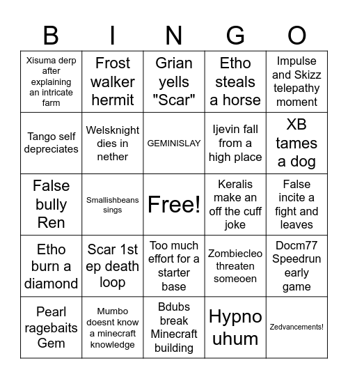 Hermitcraft S11 Bingo Card