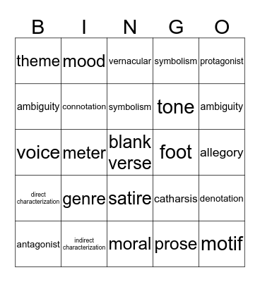 Literary Term Bingo Card