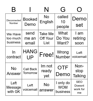 Cold Call Bingo Card