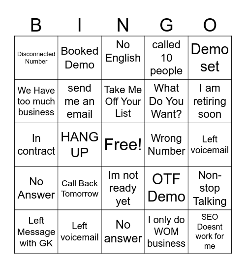 Cold Call Bingo Card