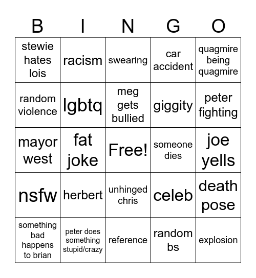 Family Guy Bingo Card